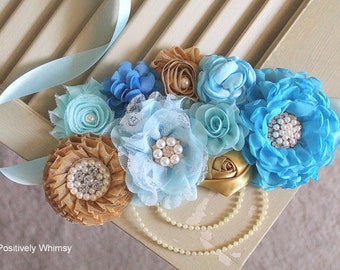 Turquoise, Aqua, Baby Blue, Gold Maternity Sash, Boy Maternity Sash, Maternity Sash, Boy Baby Shower Sash, Belly Sash, RTS, Blue Gold