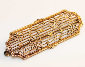 Lovely Art Deco Sterling Silver Gold Vermeil Filligree Openwork Pin Brooch-Antique Estate Jewelry!