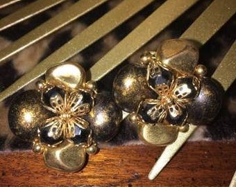 Vintage Cluster Clip Earrings in Black with Gold Accents