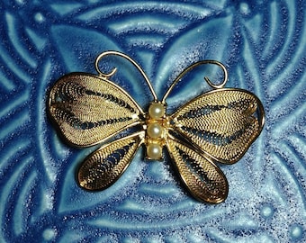 vintage brooch, butterfly brooch, gold metal brooch, gold butterfly