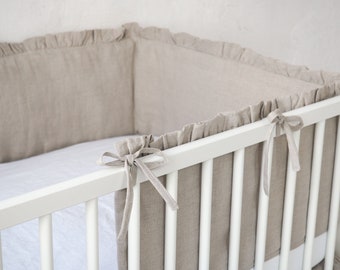 Linen crib bumper. Gender neutral crib bumper. Crib bedding.
