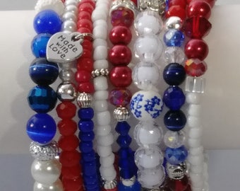 Texas Treasure - Charming - Bohemian - Memory Wire - Beaded - Bracelet - Red - White - Blue - Cowboy Boots - Gift - Mothers Day -