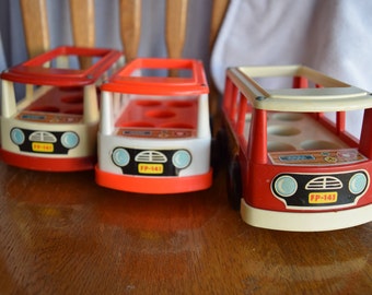 Vintage 1969 Fisher Price Little People Mini Bus and Mini Van Lot of 3 Plastic Wooden Toys Children's Child 1960s Nostalgia Cars