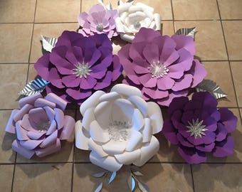 7pc Purple and White Giant Paper Flowers