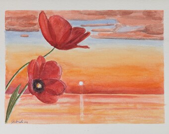 Stampa di acquarello da me realizzato, tramonto rosso