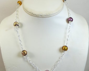 Amethyst Gold Murano Glass Necklace, Venetian Murano 24kt Gold/Silverfoil Precious Glass Jewel Necklace w 925 Sterling Chain Necklace