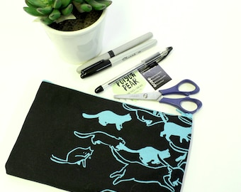 Black and Aqua Cat Stampede Screen Printed Pencil Pouch
