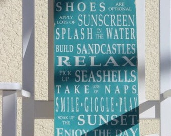 Beach Rules Vintage Style Typography Word Art Sign in Aqua