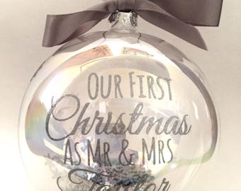 Personalised unique Christmas bauble, custom made luxury family tree decoration, silver glitter wording, large 10cm glass bauble