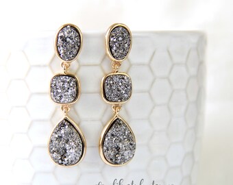 Dark Gray Three Druzy Drusy Stone Earrings, Bridal Earrings, Bridesmaid Earrings, Gunmetal Druzy Earrings -2063