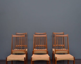 Set of 6 Vintage Mid Century Danish Teak & Cord Dining Chairs