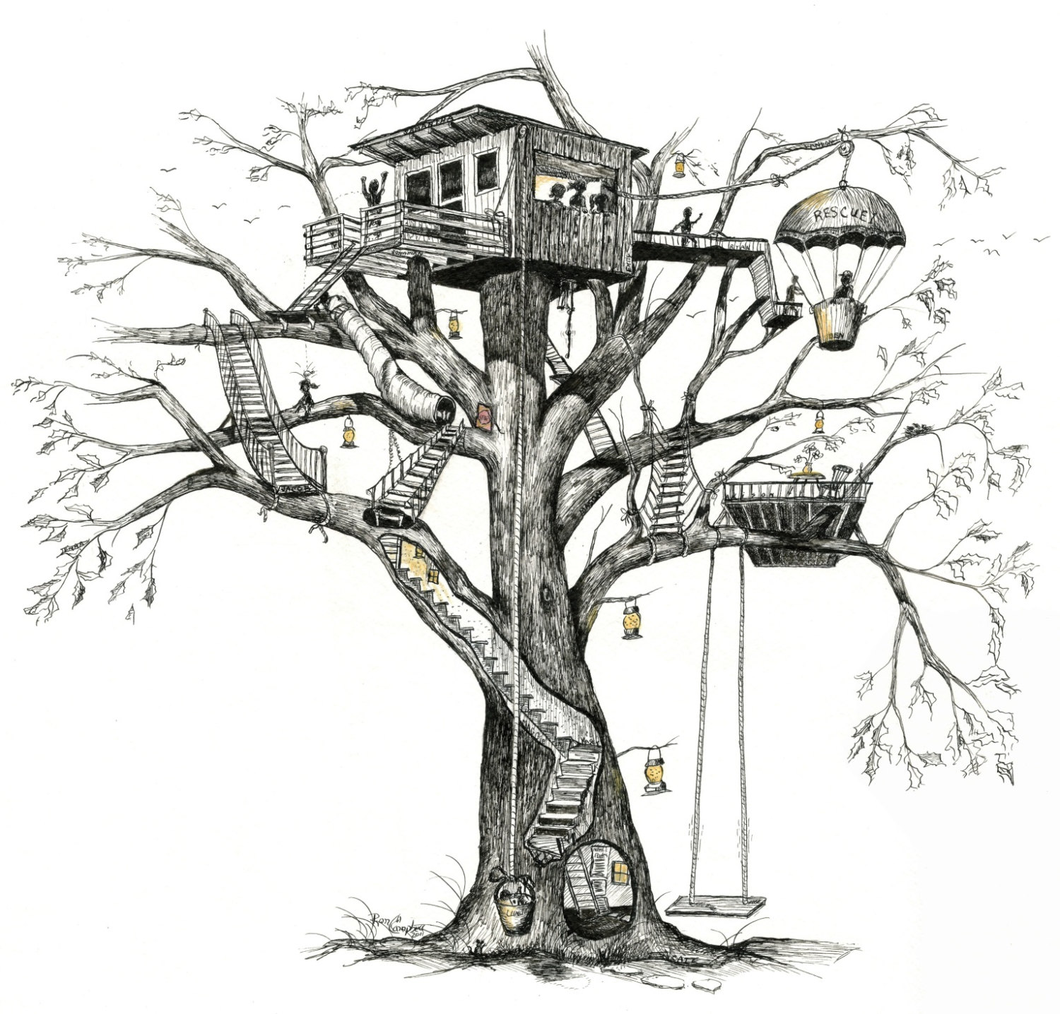 Treehouse tree house whimsy fireflies Pen & Ink and