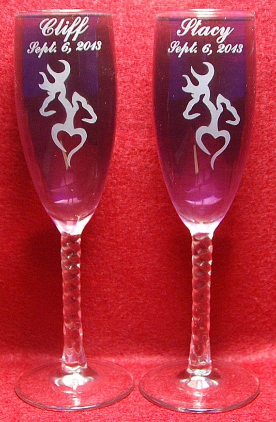 Personalized Buck and Doe Deer Heart wedding toasting flute