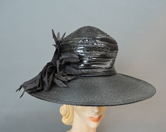 Vintage Wide Brim Hat, 1940s Straw & Shiny Vinyl, fits 21 inch head, 15 inches wide 1930s