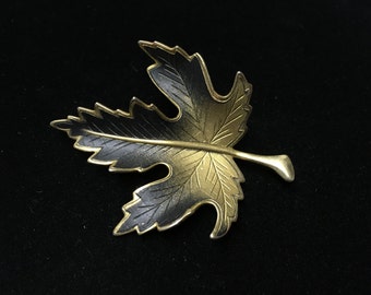 Vintage Brooch, Goldtone With Black, Leaf