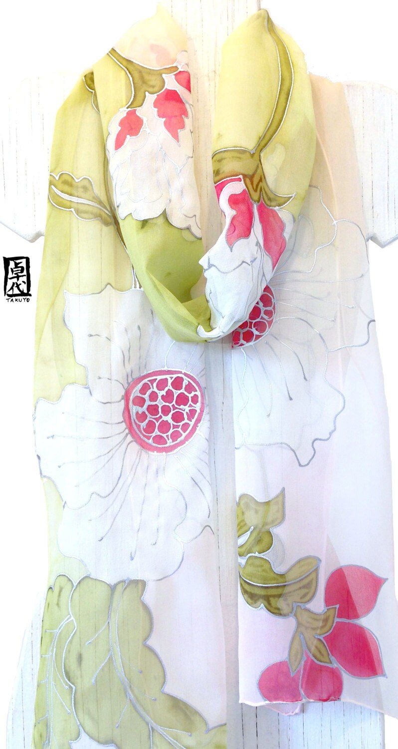 Silk Scarf Handpainted Japanese Silk Hana Flowers Kimono