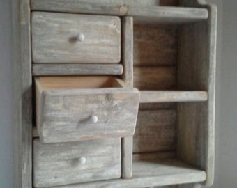 Primitive Country Farmhouse Cabinet Antique Look Aged Wood Drawer Cubby Shelf