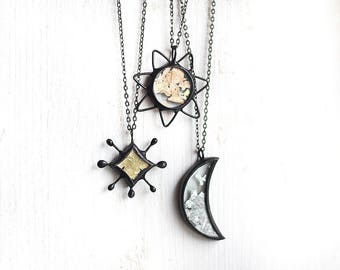 Celestial Necklaces, Terrarium Glitter Pendant, Sun, Half Moon, Star, Sky Jewelry, Gold Silver Moon Phasee, Boho Simple Beautiful