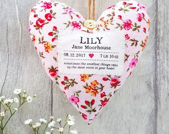 Baby Girl Gift - Personalised Heart Produced in Your Choice of Fabric. Supplied Gift Boxed. Newborn girl present.