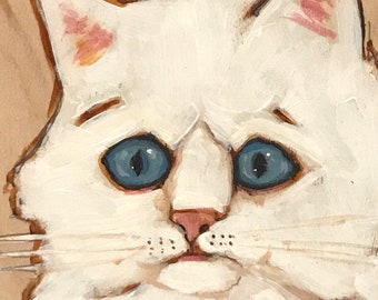White Cat Can't Forget Fast Enough Acrylic Painting on Wood