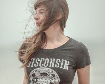 Wisconsin State Seal Ladies T-shirt. Vintage Style Soft Screenprinted Women's Tee
