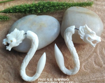Fake Gauge Earrings, "Serpent Dragon" Naturally Organic, Bone, Hand Carved, Tribal