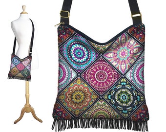 Colorful Boho Hippie Bag, Cross Body Hobo Purse, Bohemian Crossbody Bag, Gyspy Fringe Purse Mandala blue purple orange aqua yellow RTS