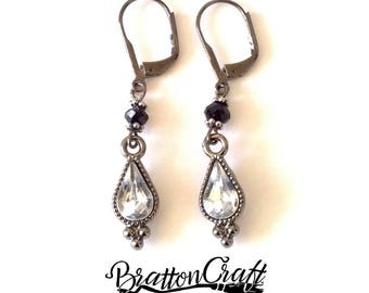 Gothic Black and White Bead and Rhinestone Earrings - Teardrop Earrings - Goth Earrings - Goth Jewelry - Halloween Earrings