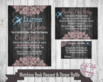 Lures or Lace - Gender Reveal Invitation - Fishing -Princess Baby Shower Invite - Rustic - Pink - Blue - Book Request - Printable