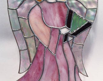 ANGEL with HARP, 10 inches tall! Handmade Stained Glass GORGEOUS!!