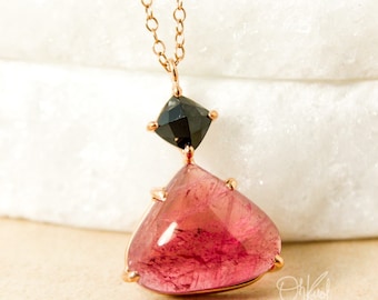 Rose Gold Black & Pink Tourmaline Teardrop Necklace - Juicy Pink Tourmaline Pendant