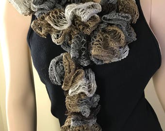 Crochet Ruffle Scarf In earth tones