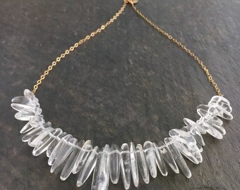 Crystal Statement Necklace. Polished Crystal Nuggets Statement Necklace with 14k Gold Filled. Clear Crystal Classy Statement Necklace