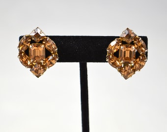 Vintage Weiss Rhinestone Clip Earrings Tan Brown Rhinestone Earrings Weiss Statement Earrings Weiss Jewelry