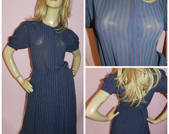Vintage 70s Navy/Multicoloured STRIPE Semi SHEER Secretary dress 10-12 1970s