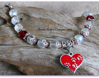 Paw Prints in Heart Pet Lover Bracelet; Valentine's Day Paw Print Bracelet; Red Paw Print Jewelry; Dog and Cat Pawprint Jewelry; Pet Love