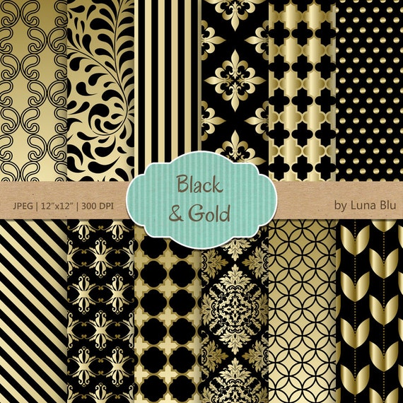 Black and Gold Digital Paper Metallic Gold Patterns