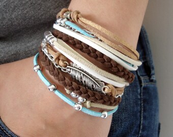 Stacked Bracelet, Wrap Boho Bracelet Set, Bohemian Bracelet,Bohemian Jewelry, Feather Bracelet,Teen Gift, Gypsy Bracelet, Boho Chic Bracelet