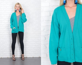 Vintage 70s Teal Blue Sweater Cardigan Oversized Slouchy Small Medium 10161