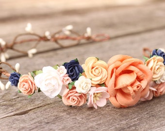 Flower Crown Peach, Wedding Flower Crown, Spring Flower Crown, Maternity Crown, Floral Headpiece, Bridal Flower Headband, Navy Flower Crown