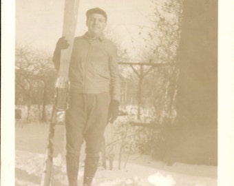 Vintage Photo, Man in Snow Holding Skis, Skier, Black & White Photo, Antique Photo, Old Photo, Found Photo, Vernacular Photo