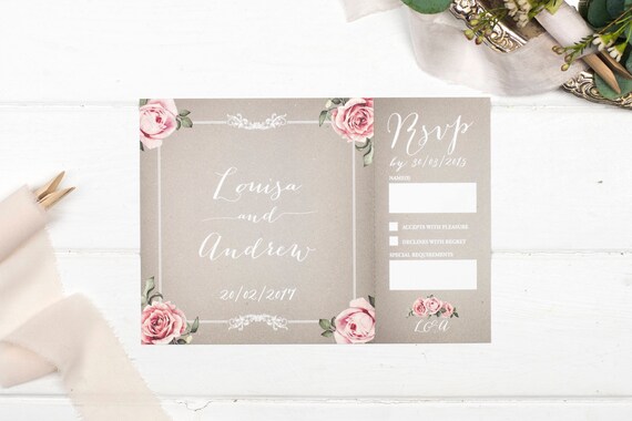 Vintage Wedding Invitation - A5 Grey Floral-Framed