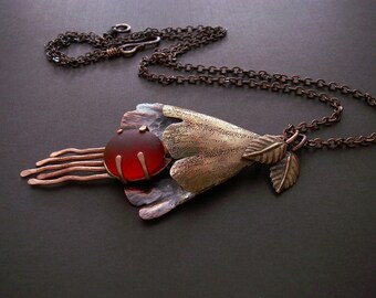 Copper necklace, OOAK necklace, mixed metal pendant, copper jewelry, long chain necklace, gift for her, flower pendant, handmade necklace