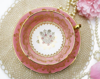 Vintage Royal Grafton Teacup, Pastel Pink, Gold Leaves Lace Tea Cup and Saucer, Gold Star, White Pink and Gold