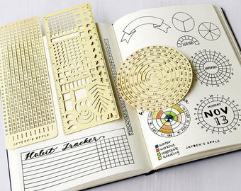 Opsommingsteken Journal essentiële Stencil ingesteld, cirkel grafiek raster grafiek Stencils - past A5 journal & Midori Regular (Essential - goud)