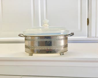Vintage Pyrex Casserole Dish with Metal Stand Holder
