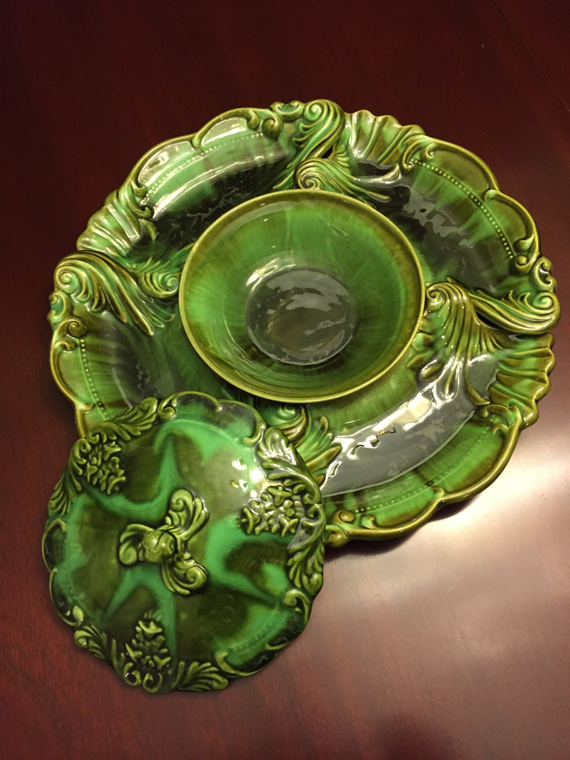 Vintage Green condiment serving set, Deforest Pottery Lazy Susan Set