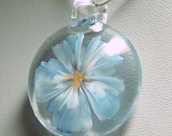 Realistic pale blue to white glass 3D flower pendant - handmade lampwork glass pendant