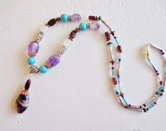 Gemstone beaded necklace, Turquoise amethyst garnet, moonstone, copper silver gemstone necklace