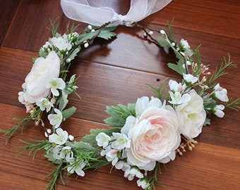 New Fancy Wedding Flower Crown, Women Girls Woodland Hair Crown, Floral Hair Wreath, Baby Shower Flower Hair Garland Ivory & Blush